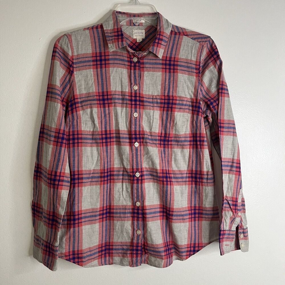 J.Crew Boy Fit Plaid Button Up Shirt Women's Small S Pink Blue Long Sleeve